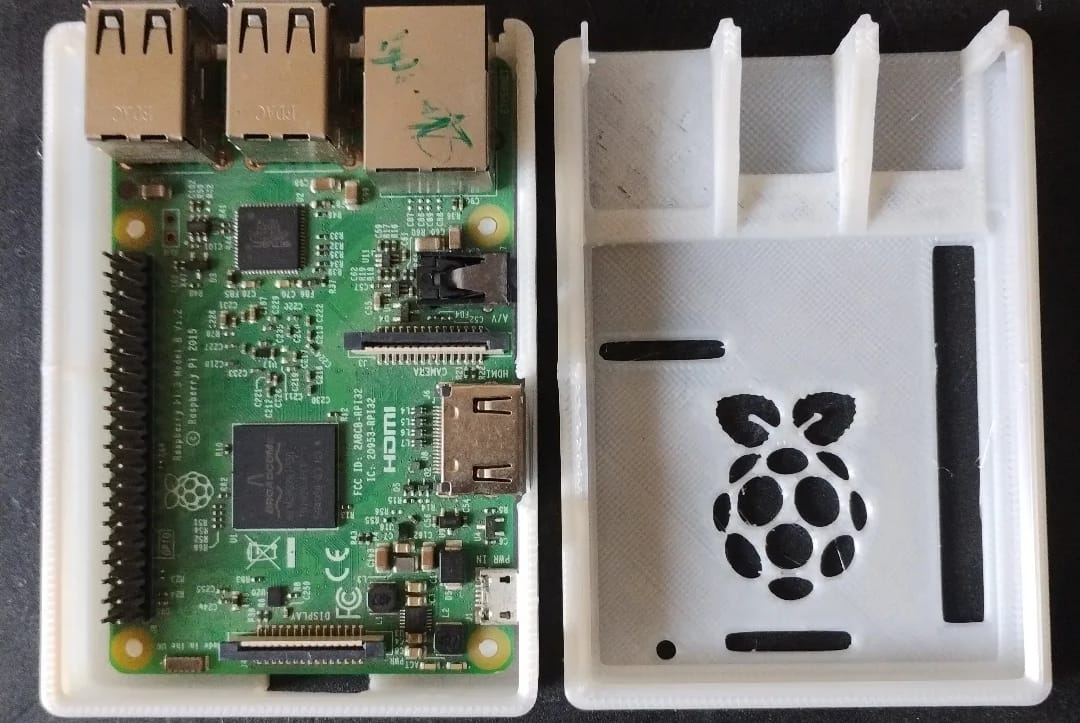 3D printed Raspberry Pi enclosure with logo cutout